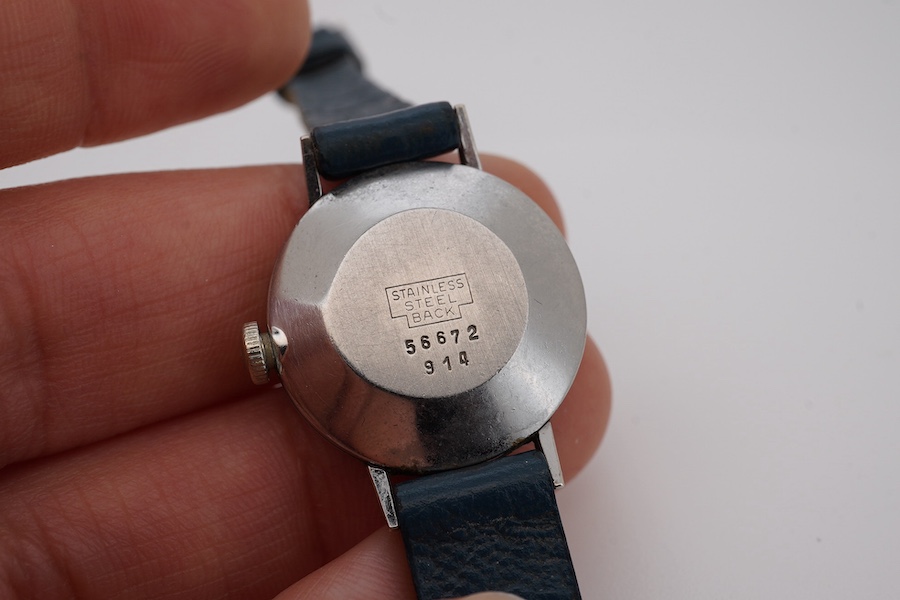 A lady's stainless steel Favre Leuba manual wind wrist watch, with lapis lazuli Arabic dial, case diameter 23mm, on an associated leather strap. Condition - fair